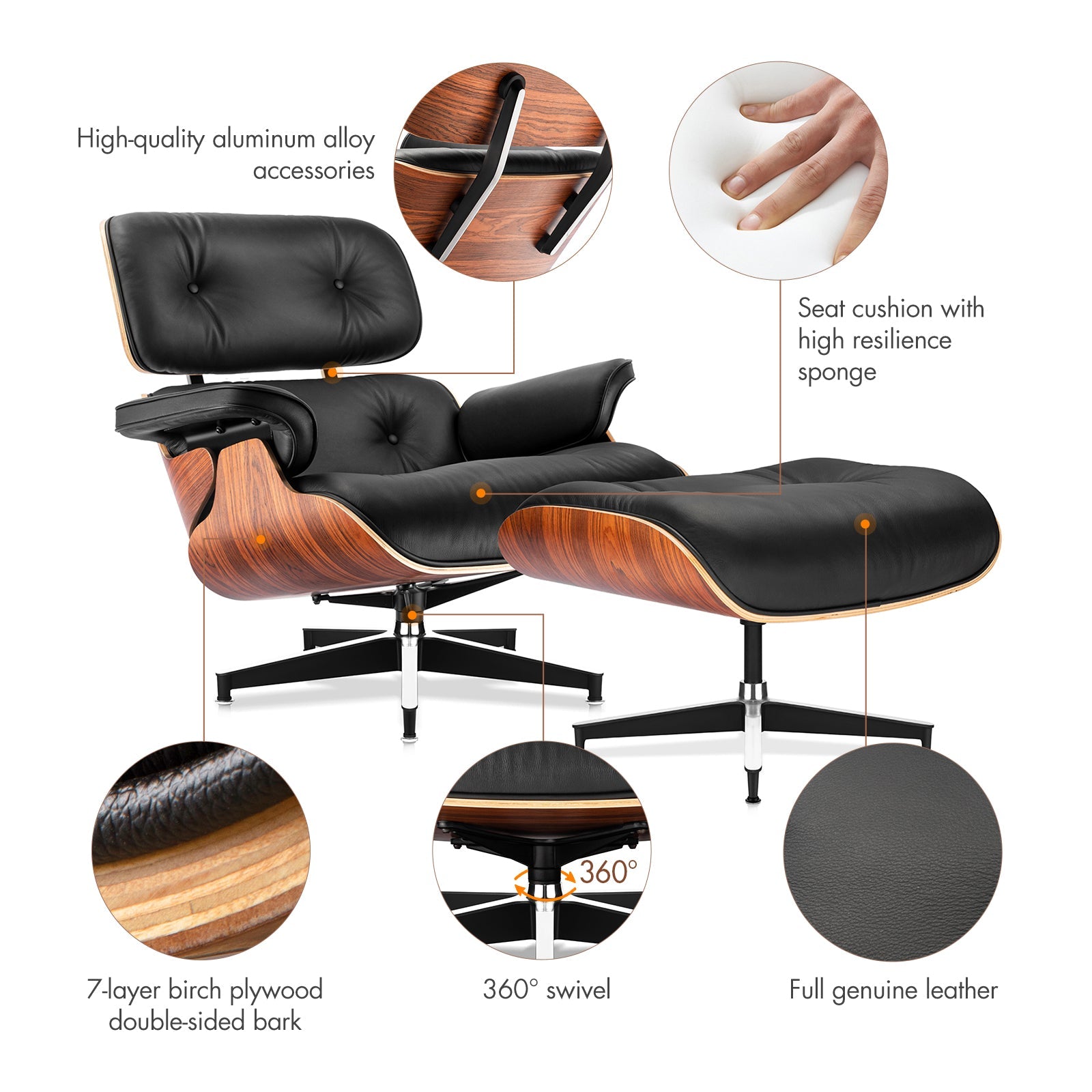 Eames Lounge Chair and Ottoman Replica (Standard Version) - Black - Furnzo