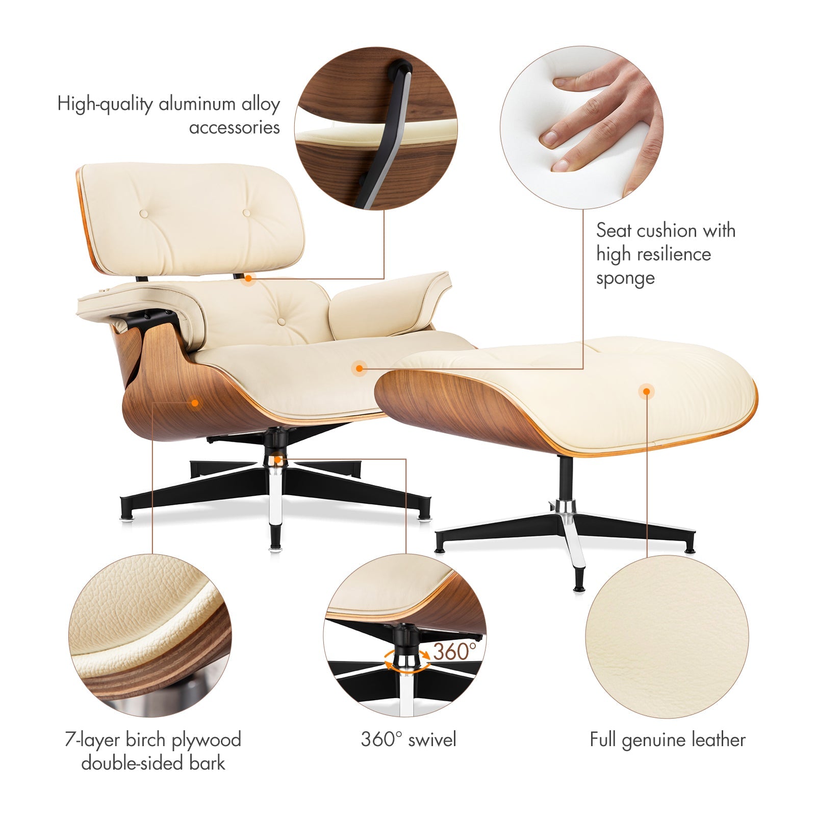 Eames Lounge Chair and Ottoman Replica (Standard Version) - Creamy White - Furnzo