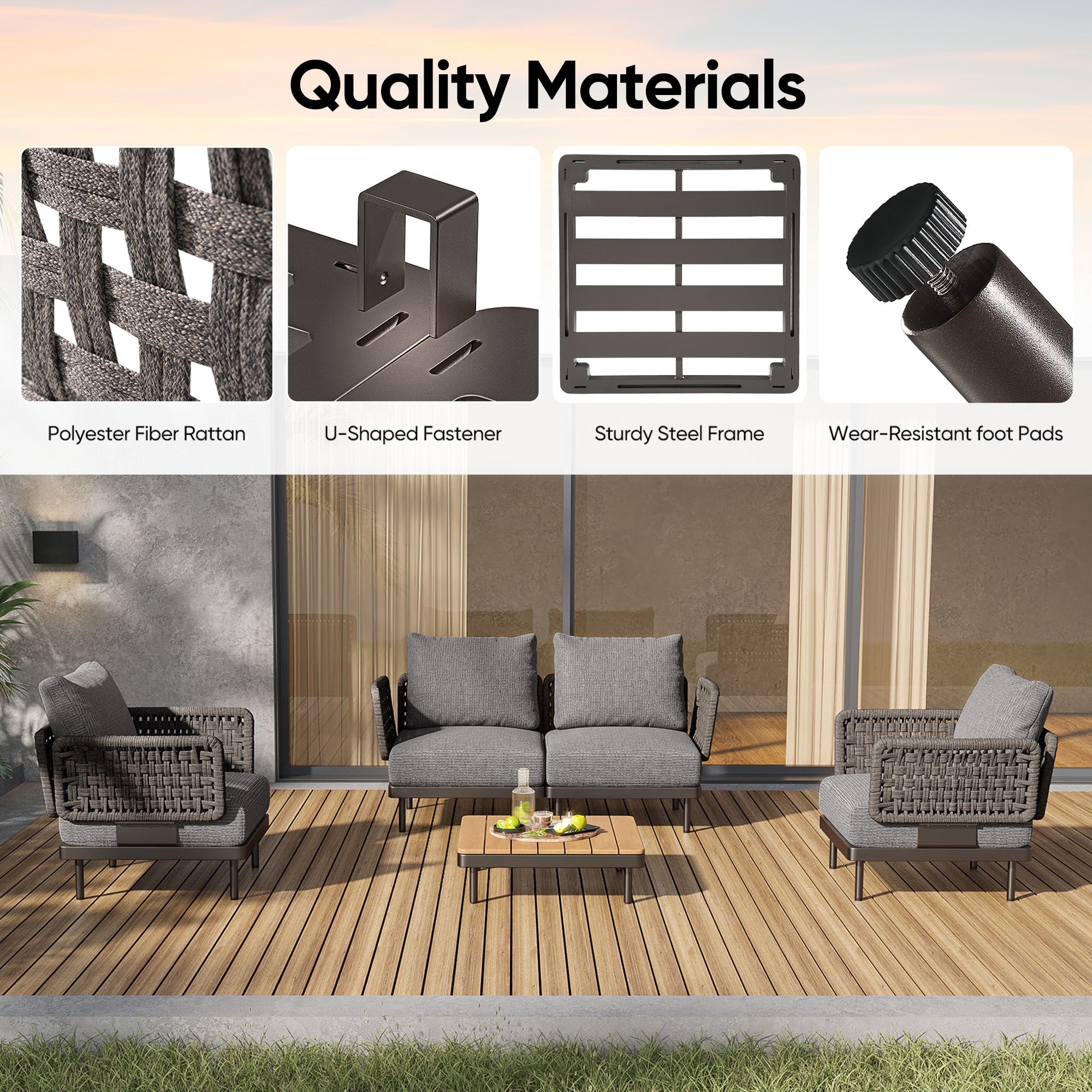 Charcoal Aluminum Outdoor Sofa with Armchairs - 4 Seat - Furnzo