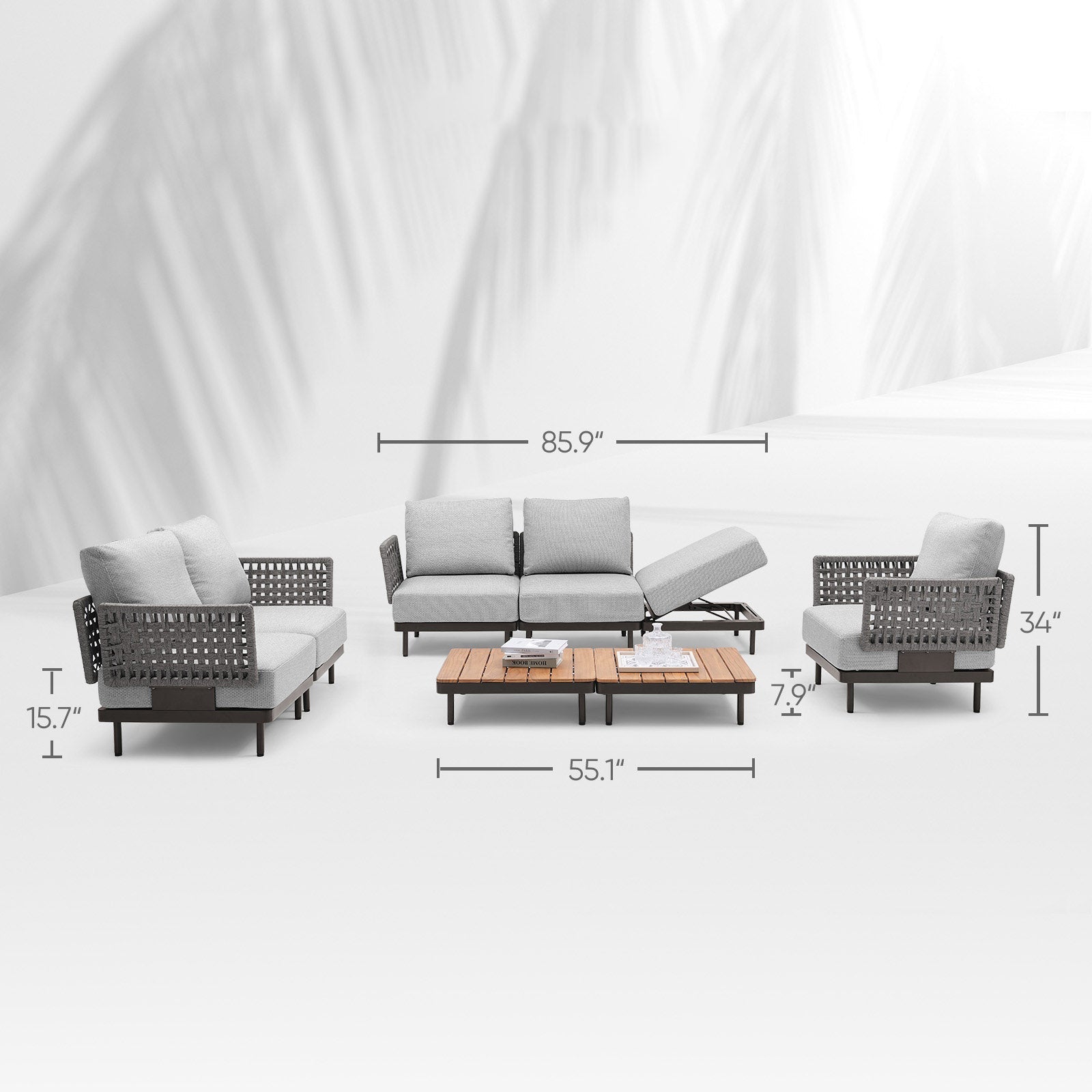 Charcoal Aluminum Outdoor Sofa with Armchairs - 6 Seat - Furnzo