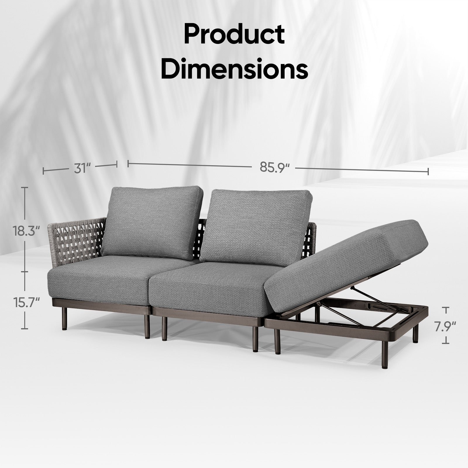 Charcoal Aluminum Multifunctional Outdoor Sofa- 3 Seat - Furnzo